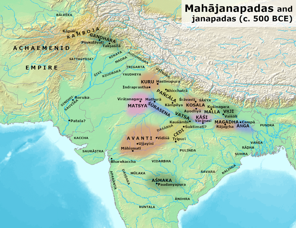 Map of the 16 Mahajanapadas and their capital