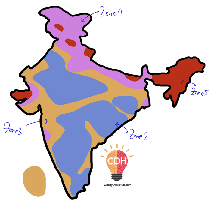 Simplified Diagram showing earthquake zones of India